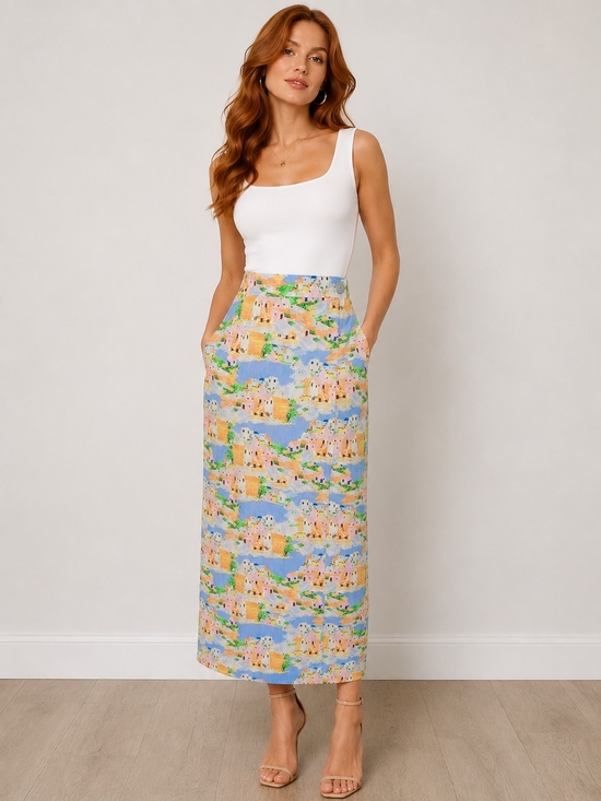 Cynthia Rowley Dresses & Skirts - Cynthia Rowley Linen Blend Pastel Novelty Coastal Print Pockets Maxi Skirt Large